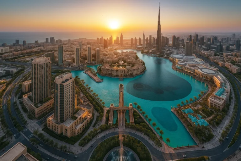 Dubai skyline at sunset with water