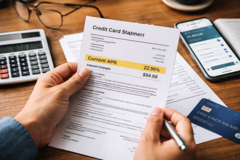 Person reviewing a credit card statement with APR highlighted next to interest charges