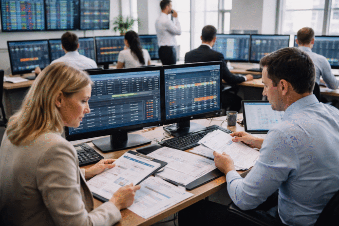 Operations staff reviewing fund NAV calculations and reconciliations on trading screens in a back-office setting