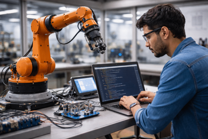 Robotics engineer coding software on a laptop beside an industrial robot arm