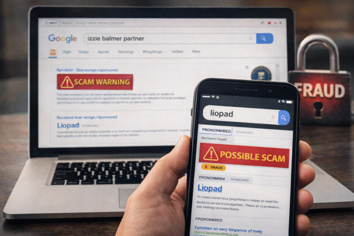 A search results page on a laptop with a highlighted query and warning icons beside sponsored links