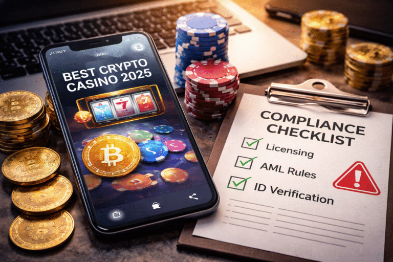 “Smartphone showing a crypto casino-style interface beside a compliance checklist and warning icon”