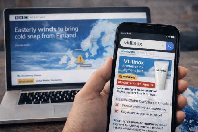 Browser screen showing health-product ad disclosures beside a winter “easterly wind” weather graphic