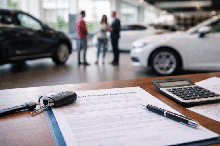 “A row of parked cars outside a dealership, with finance paperwork on a desk in the foreground.”