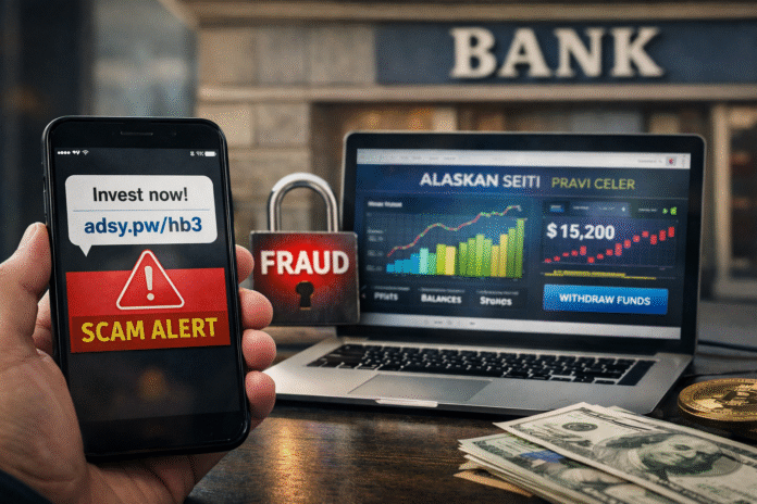 A laptop with a fake investment website open, alongside a padlock icon and “scam alert” headline