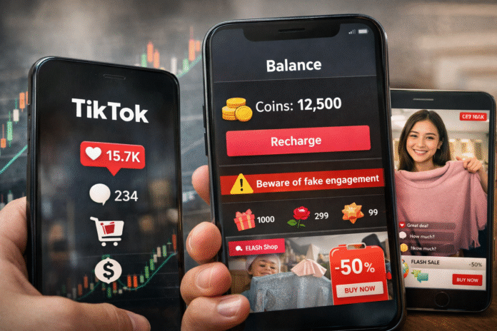 Smartphone showing TikTok app with likes and shopping icons over a muted financial chart background