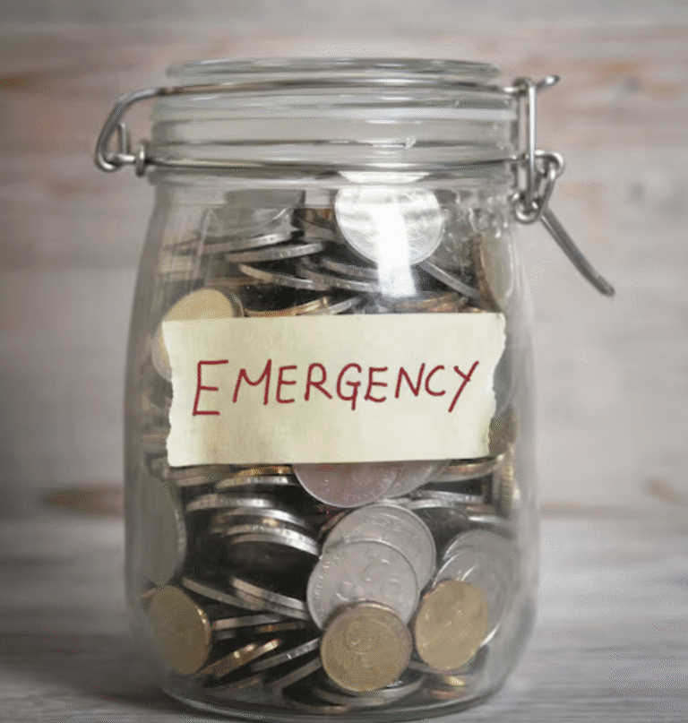 “UK emergency fund calculator graphic showing essential outgoings × 3–6 months rule”