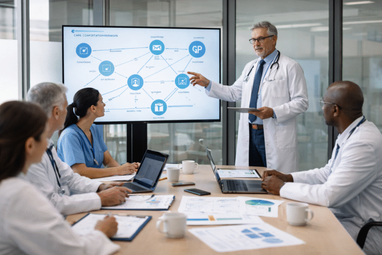 A clinician and analyst reviewing a hospital dashboard showing referrals and provider network capacity