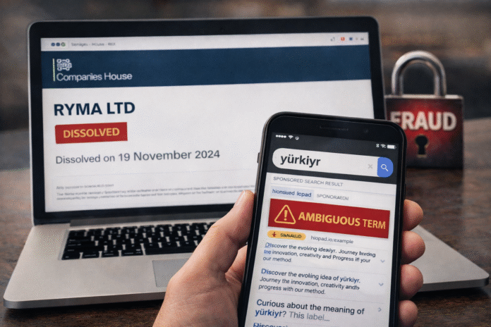 A laptop showing a Companies House page beside a phone showing a trending keyword search result