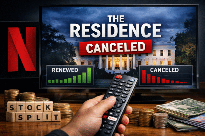 Netflix logo on a screen with a canceled show headline in the background