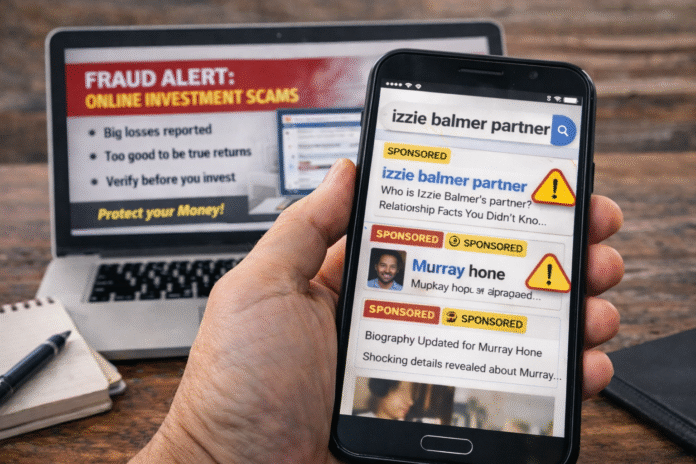 A browser address bar and “sponsored result” tags overlaid on a neutral search-results screen