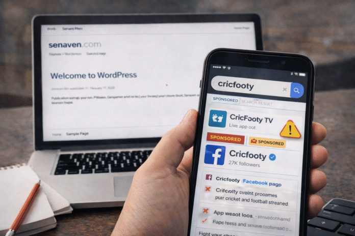 Search results for two niche keywords with ad labels, viewed on a phone and laptop in natural light