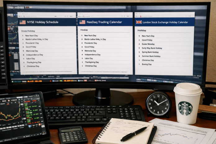 “A trader’s desk with multiple market calendars open on a screen, showing US and UK holiday closures.”