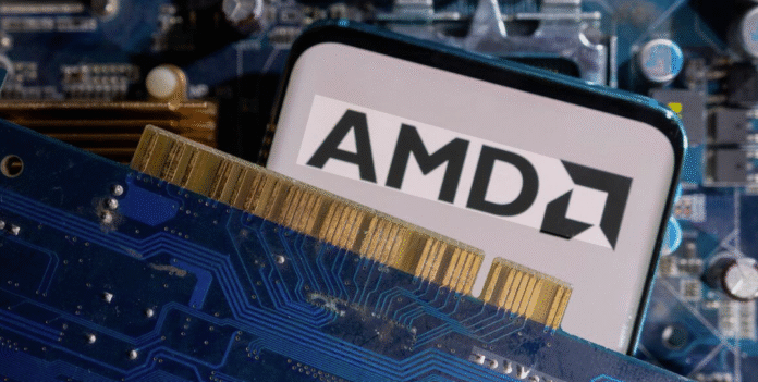 AMD GPU and AI chip displayed on a motherboard in a data center environment