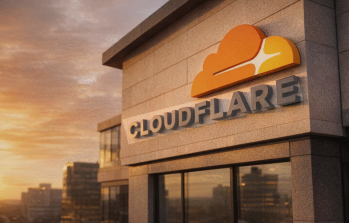 Cloudflare logo displayed on a smartphone screen with stock market chart in background